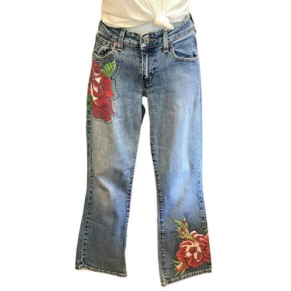 Levi 518  Hand Painted Roses Jeans Superflow Stretch 5 Juniors Wearable Art OOAK - Picture 2 of 12